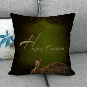 Funda de cojín de Pascua en lino con conejo vintage y texto de Happy Easter