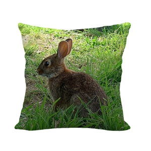 Linen Easter pillow case featuring a realistic brown rabbit in green grass print