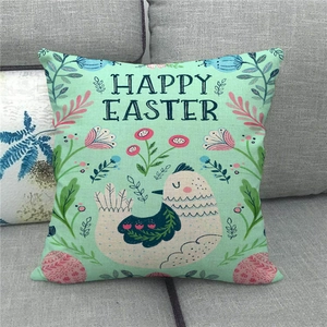 Detalle de la textura de lino de la funda de cojín Happy Easter con gallina y flores