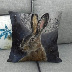 Detailed texture of rustic linen pillowcase featuring a realistic rabbit portrait