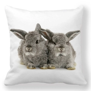 Close-up of realistic gray rabbit patterns on white peach skin square pillowcase
