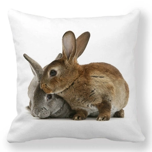 Easter throw pillow cover featuring two realistic rabbits on white peach skin fabric
