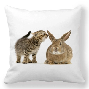 Detailed view of white Easter pillowcase with cute kitten and bunny print, neat stitching