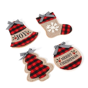 Set of 4 rustic burlap Christmas utensil holders with plaid bows and festive embroidery