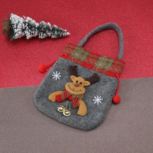 Gray felt Christmas gift bag featuring reindeer design and red plaid drawstring closure