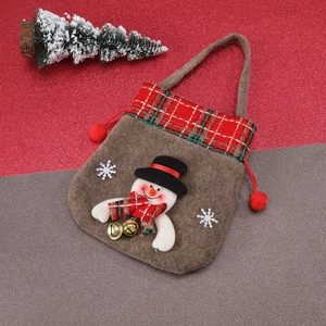 Brown felt Christmas gift bag with 3D snowman motif and red plaid drawstring closure