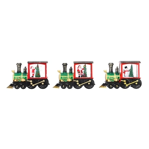 Three Christmas train ornaments with Santa and snowman figurines inside transparent lit cabins