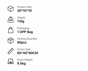 Specifications of 30x10x10cm glowing Christmas gnome with 110g weight and OPP bag packaging