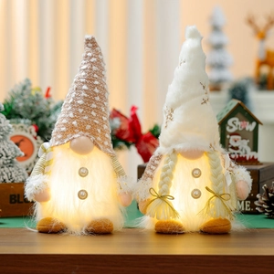 LED Glowing Christmas Gnome Plush Ornaments White Faceless Doll Snowflake Hat Pearl Buttons Warm Light For Home Holiday Decor