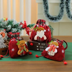Set of 3 Christmas linen drawstring gift bags with Santa, Reindeer, and Snowman 3D characters