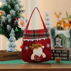 Red Christmas linen gift bag with 3D Santa Claus figure and red black plaid trim
