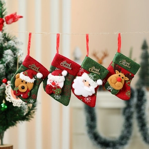 Mini Christmas Stocking Hanging Ornament Non-woven Fabric With 3D Cartoon Santa Snowman Reindeer Bear Gold Merry Christmas
