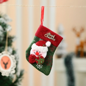 Close-up of green felt Christmas stocking with a 3D snowman and gold Merry Christmas text