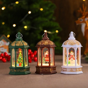 Three retro Christmas lanterns with Santa and snowman scenes under warm LED lights