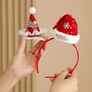 Serre-Tête Et Barrette À Cheveux Mini Chapeau De Noël Paillettes Rouges Velours Fausse Fourrure Blanche Flocon De Neige Fête Filles
