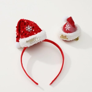 Détail du serre-tête et pince de Noël à paillettes rouges avec logo Merry Christmas