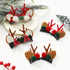 Pinces À Cheveux Cornes De Renne Noël Oreilles Peluche Flocage Pompons Nœud Cloche Pince Crocodile Métal Accessoire De Fête