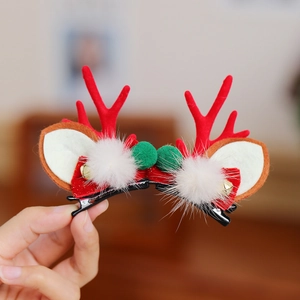 Barrettes bois de renne de Noël avec nœuds rouges, cloches et pompons blancs lot de 2