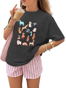 Detail of grey kid's t-shirt showing cute hand-drawn dog prints with puppies