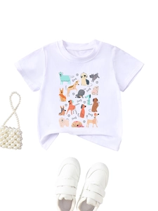 Detail of white cotton kids T-shirt featuring colorful cartoon dog print and round neck