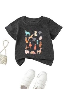 Detail of grey cotton kid T-shirt with colorful cartoon dog print and number one