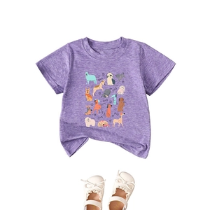 Kids casual purple cotton T-shirt with dog print and white bow leather shoes set