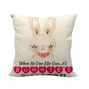 Linen Easter throw pillow with bunny graphics and 'Happy Easter' quote on white background