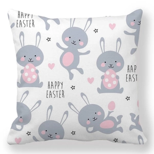 Square Happy Easter cushion cover with cartoon rabbits and pink eggs on white fabric