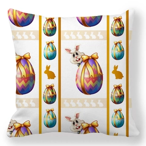 Detail of square peach skin pillowcase with colorful Easter eggs and cartoon bunny patterns