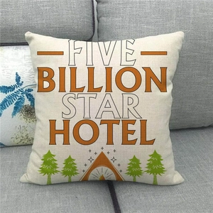 Close-up of linen Happy Camper pillow cover featuring Five Billion Star Hotel tent print