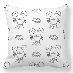 Close-up of Happy Easter rabbit and egg line art print on white square cushion cover