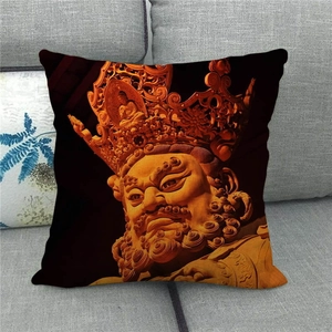 Leinen-Kissenbezug mit Sakyamuni Buddha Steinkunst-Druck auf grauem Sofa-Dekor