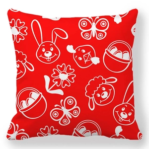 Detail of red Easter bunny peach skin pillowcase with white cartoon egg and floral patterns
