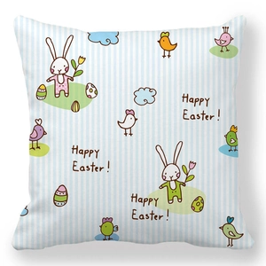 Macro detail of Happy Easter cushion cover with bunnies, eggs and tulips on blue stripes