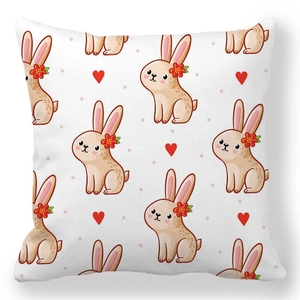 Easter decorative pillowcase with cartoon rabbits, red hearts, and polka dots pattern