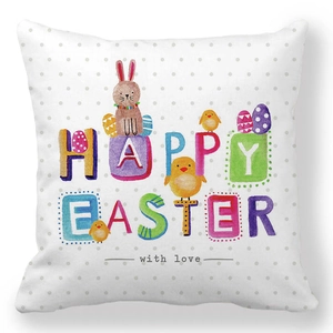 Λεπτομέρεια από μαξιλαροθήκη με σχέδιο Happy Easter, λαγουδάκι και κοτόπουλο