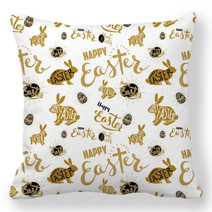 Detail of Happy Easter pillowcase featuring golden rabbit silhouettes and festive typography