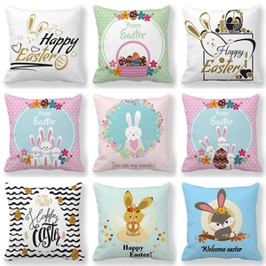 Frohe Ostern Hase Bunte Eier Leinen Kissenbezug Cartoon Blumenmuster Quadratisch Dekokissen Bezug Für Zuhause Dekoration