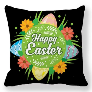 Λεπτομέρεια μαύρης μαξιλαροθήκης Happy Easter με πολύχρωμα αυγά και πασχαλινά μοτίβα