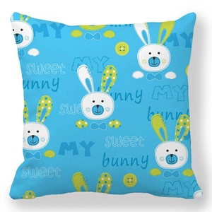 Detail of blue peach skin pillowcase with cute bunny pattern and sweet bunny text