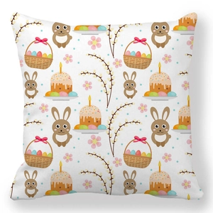 Detail of Easter pillowcase with cartoon rabbits, colorful eggs, and festive patterns