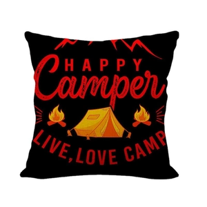 Square Happy Camper linen throw pillow case featuring outdoor mountain and tent graphic design