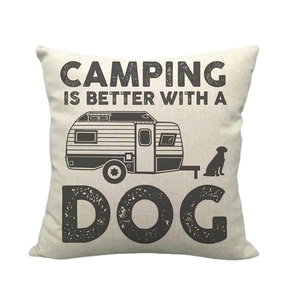 Linen cushion cover with Camping Is Better With A Dog print and vintage camper trailer