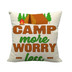 Linen pillow cover with Camp More Worry Less quote and nature illustration for outdoor decor