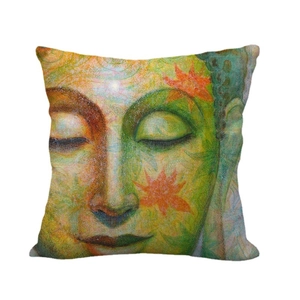 Leinen-Kissenbezug mit buntem Buddha-Gesichtsdruck für dekoratives Zen-Ambiente