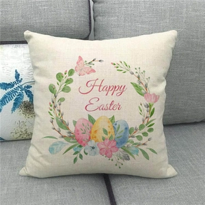 Detail of linen texture and colorful Happy Easter egg wreath print on square pillowcase