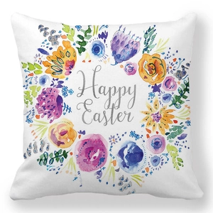 Λεπτομέρεια θήκης μαξιλαριού Happy Easter με ακουαρέλα στεφάνι λουλουδιών σε λευκό