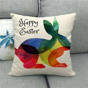 Detalle de funda de lino con conejo de Pascua abstracto y texto de felicitación Happy Easter
