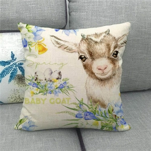 Linen Easter pillow cover featuring baby goat portrait and spring flower decorations