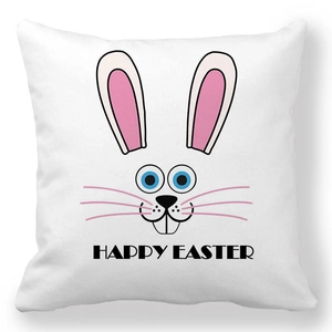 Λεπτομέρεια από μαξιλαροθήκη με σχέδιο Happy Easter και πρόσωπο λαγού σε λευκό φόντο
